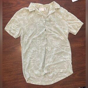 ASOS Sage Green Short-Sleeve Button-Up Shirt with White Line-Drawn Faces